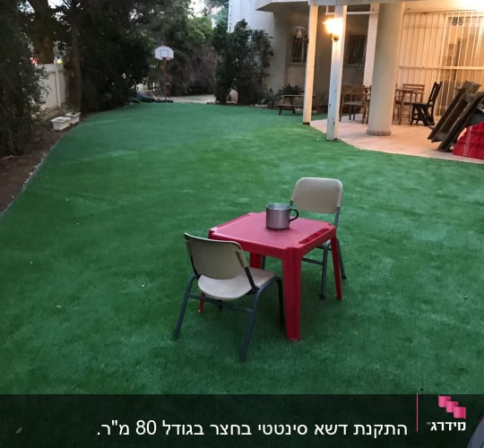 דשא סינתטי עם שולחן וכיסאות בגינה